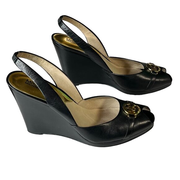 Michael Kors Women's Black Leather Wedge Slingback Heels Size 9.5M - Picture 2 of 10